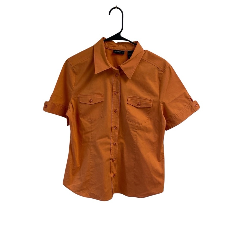 Orange Short Sleeve‎ Button-Up Collared Stretch Shirt